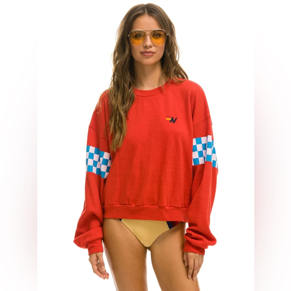 Aviator Nation CHECK 2 SLEEVE RELAXED CREW SWEATSHIRT - RED // WHITE // BLUE.